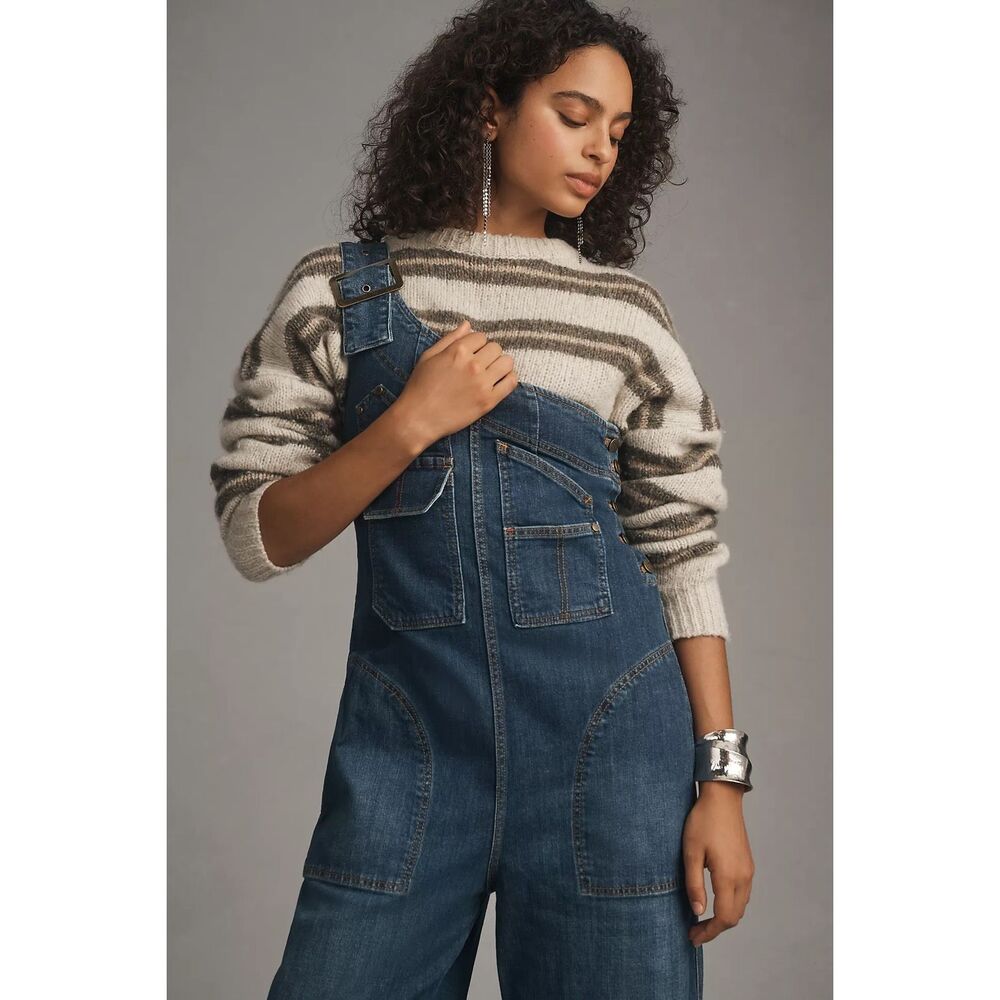 Anthropologie Dark Blue Denim Wide-Leg Asymmetric Overalls Jumpsuit - Picture 2 of 11
